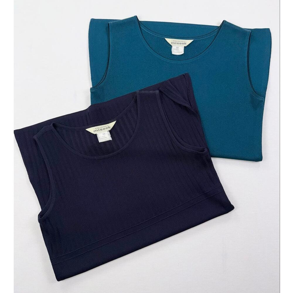 Exclusively Misook Crew Neck Tank Mock Neck Tank Set Women's XS Navy Teal